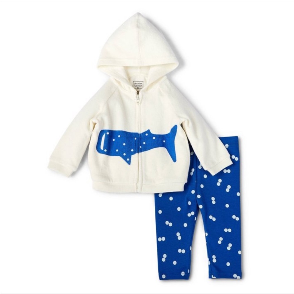 Baby Whale Print Hoodie & Bottom Set - Cream/Blue multiple sizes